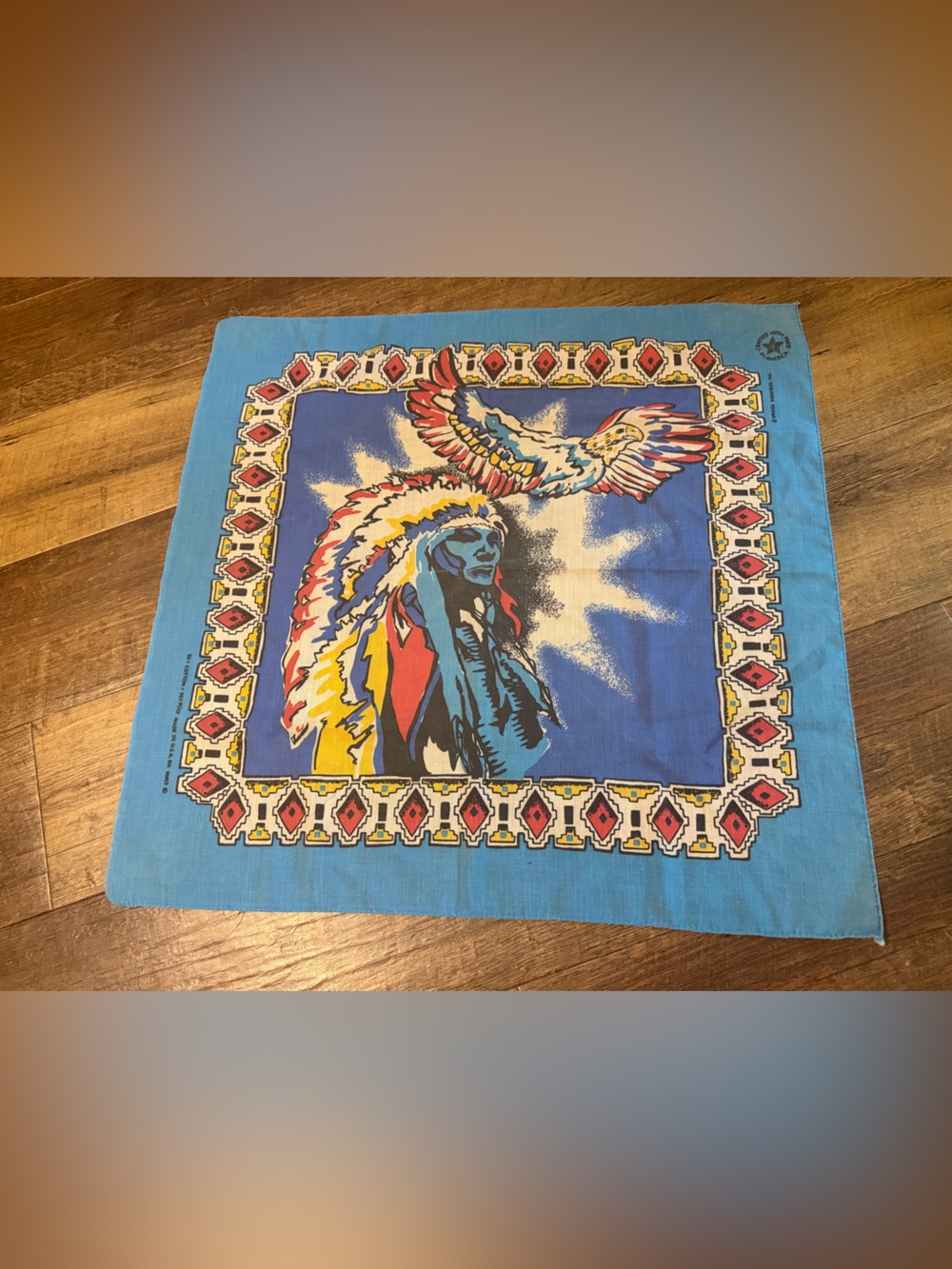 Vtg 90s Bandana Native American Chief Headdress Eagle Southwestern Blue